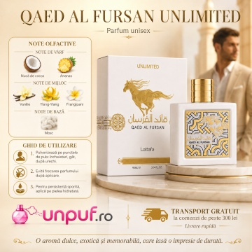 Parfum Arăbesc Qaed Al Fursan Unlimited Lattafa 90 ml, Apă de Parfum Unisex Damă și Bărbat, Aromă Tropicală Aromatică cu Bergamotă, Fructe de Pădure, Măr, Iasomie, Trandafir, Lemn de Mesteacăn, Ambră, Mosc, Mușchi de Stejar și Vanilie - Img 9