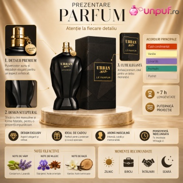 Parfum Arăbesc Urban Man Le Parfum Fragrance World 90 ml, Apă de Parfum Bărbat, Aromă Lemnos Ambrată Modernă cu Bergamotă, Citrice, Piper Roz, Iasomie, Lavandă, Lemn de Santal, Patchouli, Ambră, Cedru și Mosc - Img 3