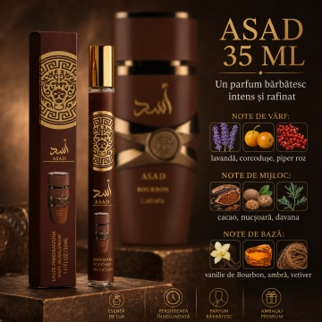 Parfum Asad 35 ml, Apă de Parfum Bărbat, Aromă Oriental Condimentată și Vanilată, Format Compact, Note de Lavandă, Corcodușe, Piper Roz, Cacao, Nucșoară, Davana, Vanilie de Bourbon, Ambră și Vetiver - Img 6