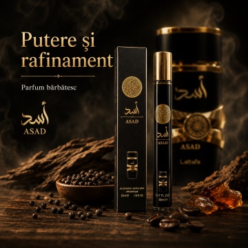 Parfum Asad 35 ml, Apă de Parfum Bărbat, Aromă Oriental Condimentată, Lemnoasă și Vanilată, Format Compact, Note de Piper Negru, Ananas, Tutun, Cafea, Paciuli, Iris, Ambră, Vanilie, Rășină Benzoică și Labdanum - Img 3