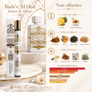 Parfum Badee Al Oud Honor & Glory 35 ml, Apă de Parfum Unisex, Aromă Dulce Orientală, Tropicală și Cald Condimentată, Format Compact, Note de Ananas, Cremă de Zahăr Ars, Scorțișoară, Vanilie, Lemn de Santal și Mosc - Img 5