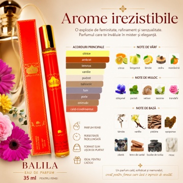 Parfum Balila 35 ml, Apă de Parfum Damă, Aromă Orientală Citrică, Vanilată și Ambrată, Format Compact, Note de Citrice, Bergamotă, Lămâie, Mandarină, Iasomie, Trandafir, Vanilie, Tămâie, Mosc și Lemn de Santal - Img 4