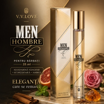 Parfum Bărbat Men Hombre 35 ml V.V. Love, Apă de Toaletă, Inspirat de 1 Million Rabanne, Aromă Cald Condimentată cu Mandarină Sângerie, Grapefruit, Mentă, Scorțișoară, Trandafir, Ambră, Pielărie, Note Lemnoase și Paciuli Indian - Img 7