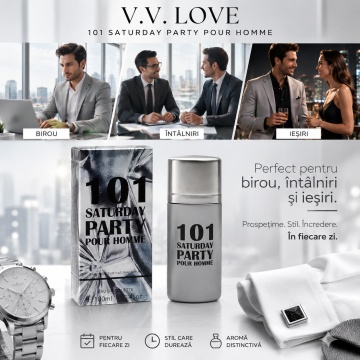 Parfum Bărbat V.V. Love 101 Saturday Party Eau de Toilette 30 ml, Inspirat din Carolina Herrera 212 VIP Men, Aromă Fresh, Aromatică și Lemnoasă - Img 3