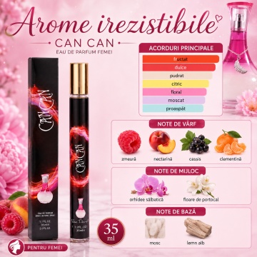 Parfum CanCan 35 ml, Apă de Parfum Damă, Aromă Fructat Florală Dulce și Feminină, Format Compact, Note de Zmeură, Nectarină, Cassis, Clementină, Orhidee Sălbatică, Floare de Portocal, Mosc și Lemn Alb - Img 4