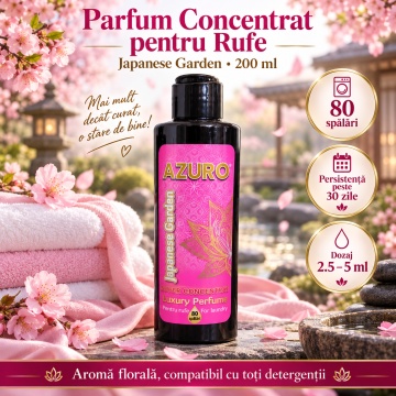 Parfum Concentrat pentru Rufe Azuro Japanese Garden, până la 80 Spălări, Aromă Florală și Fresh, pentru Spălare Automată și Manuală, 200 ml