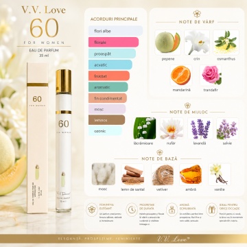 Parfum Damă 60 For Women 35 ml V.V. Love, Inspirat de 360° Perry Ellis, Aromă Floral Proaspătă cu Pepene, Crin, Osmanthus, Mandarină, Trandafir, Mosc, Ambră și Vanilie - Img 6