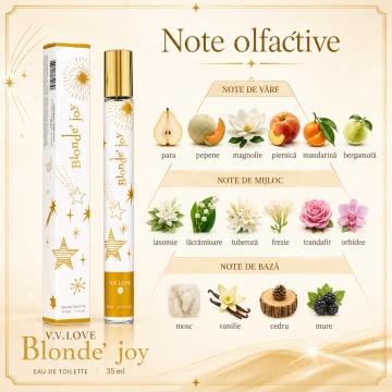 Parfum Damă Blonde Joy 35 ml V.V. Love, Apă de Toaletă, Inspirat de J'adore Dior, Aromă Floral Fructată cu Pară, Piersică, Mandarină, Bergamotă, Iasomie, Tuberoză, Trandafir, Orhidee, Vanilie, Cedru și Mosc - Img 4