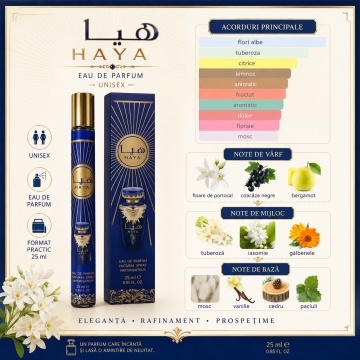 Parfum Haya 35 ml, Apă de Parfum Unisex, Aromă Florală Citrică și Lemnoasă, Format Compact, Note de Floare de Portocal, Coacăze Negre, Bergamotă, Tuberoză, Iasomie, Mosc, Vanilie, Cedru și Paciuli - Img 4