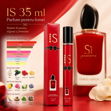 Parfum IS 35 ml, Apă de Parfum Damă, Aromă Fructată Florală, Dulce și Vanilată, Format Compact, Note de Pară, Coacăze Negre, Piper Roz, Grapefruit, Ananas, Trandafir, Iasomie, Vanilie, Cedru, Paciuli și Lemn Ambrat - Img 2