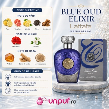 Parfum Lattafa Blue Oud Elixir, Eau de Parfum Bărbați, 100 ml, aromă oriental lemnoasă, yuzu, grepfrut, lămâie, piper - Img 6