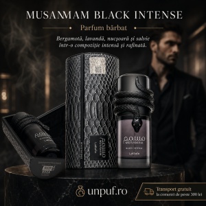 Parfum Lattafa Musamam Black Intense 100 ml, Apă de Parfum Bărbat, Aromă Lemnos Condimentată, Note de Bergamotă, Lavandă, Nucșoară, Salvie, Cedru, Patchouli și Tonka - Img 3