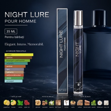 Parfum Night Lure Pour Homme 35 ml, Apă de Parfum Bărbat, Aromă Citrică Lemnoasă, Aromatică și Proaspăt Condimentată, Format Compact, Note de Grapefruit, Lămâie, Mentă, Piper Roz, Ghimbir, Iasomie, Tămâie, Cedru, Vetiver, Lemn de Santal și Mosc Alb - Img 2