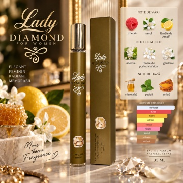 Parfum pentru femei Lady Diamond V.V. Love, Apa de Parfum, 35 ml, aroma florala dulce, zmeura, neroli, lamaie de Amalfi, iasomie, floare de portocal african, gardenie, miere alba, paciuli si ambra