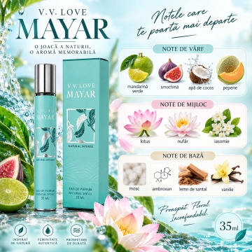 Parfum pentru femei Mayar V.V. Love, Apa de Parfum, 35 ml, aroma florala acvatica fructata, mandarina verde, smochina, apa de cocos, pepene, lotus, nufar, iasomie, mosc, ambroxan, lemn de santal si vanilie - Img 4