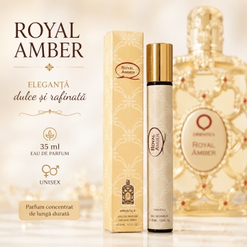 Parfum Royal Amber 35 ml, Apă de Parfum Unisex, Aromă Dulce Fructată și Ambrată, Format Compact, Note de Bergamotă, Note Verzi, Pepene, Ananas, Ambră, Mosc, Note Lemnoase și Vanilie