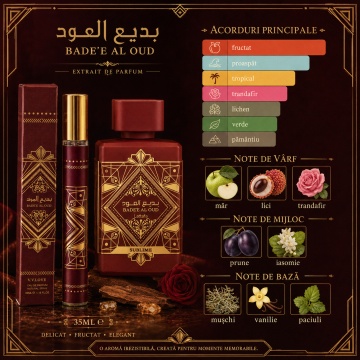 Parfum Unisex Arăbesc Bade’e Al Oud 35 ml V.V. Love, Apă de Parfum, Inspirat de Bade’e Al Oud Sublime Lattafa, Aromă Fructată Orientală cu Măr, Lici, Trandafir, Prune, Iasomie, Mușchi, Vanilie și Paciul - Img 3