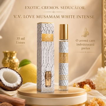 Parfum Unisex Arăbesc Musamam White Intense 35 ml V.V. Love, Apă de Parfum, Inspirat de Musamam White Intense Lattafa, Aromă Exotică Cremoasă cu Cocos, Bergamotă, Portocală, Ylang Ylang, Lemn de Santal, Mosc și Rășină Benzoică