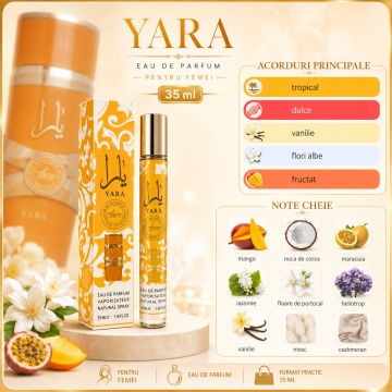 Parfum Yara 35 ml, Apă de Parfum Damă, Aromă Tropicală Dulce, Vanilată și Florală, Format Compact, Note de Mango, Nucă de Cocos, Maracuia, Iasomie, Floare de Portocal, Heliotrop, Vanilie, Mosc și Cashmeran - Img 5