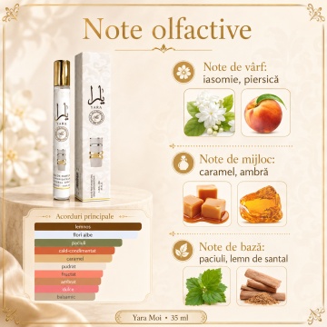 Parfum Yara Moi 35 ml, Apă de Parfum Damă, Aromă Floral Fructată Dulce și Ambrată, Format Compact, Note de Iasomie, Piersică, Caramel, Ambră, Paciuli și Lemn de Santal - Img 4
