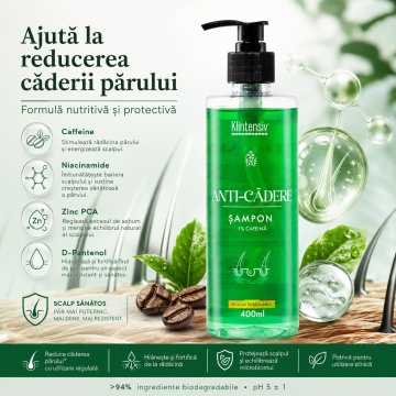 Șampon anti-cădere Klintensiv, cu Caffeine, Niacinamide, Zinc PCA și D-Panthenol, fortificare păr și îngrijire scalp, peste 94% ingrediente biodegradabile, produs românesc, 400 ml, 4x Stickere - Img 4