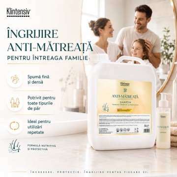 Șampon anti-mătreață Klintensiv, cu Piroctone Olamine, formulă profesională pentru hoteluri, saloane, firme, pensiuni și reumplere, produs românesc, bidon 5 L, 4x Stickere - Img 4
