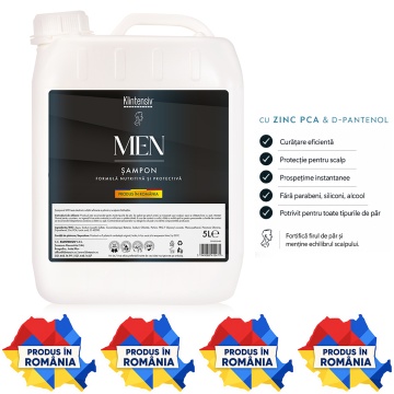 Șampon pentru bărbați Klintensiv, cu Zinc PCA și D-Pantenol, fortificare păr, scalp echilibrat, prospețime instantanee, fără parabeni, siliconi și alcool, pentru toate tipurile de păr, 5 L, 4x Stickere