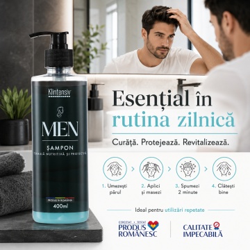 Șampon pentru bărbați Klintensiv, cu Zinc PCA și D-Pantenol, fortificare păr, scalp echilibrat, prospețime instantanee, fără parabeni, siliconi și alcool, pentru toate tipurile de păr, 400 ml, 4x Stickere - Img 4