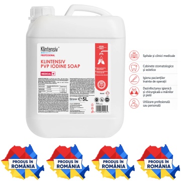 Săpun chirurgical profesional Klintensiv PVP Iodine Soap, iod povidonă 7,5%, pentru spitale, clinici, cabinete medicale și reumplere dozatoare, canistră 5 L, 4x Stickere