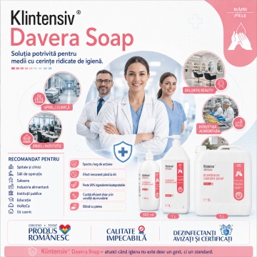 Săpun dezinfectant profesional Klintensiv Davera Soap, cu clorhexidină digluconat 2%, pentru spitale, industrie alimentară, farmaceutică, cosmetică și HoReCa, canistră 5 L, 4x Stickere - Img 4