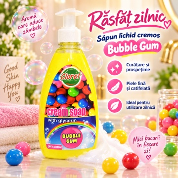 Săpun Lichid Cremos Cloret Bubble Gum cu Pompiță, pentru Mâini, cu Glicerină, pH Control, Curățare Delicată și Parfum Dulce, 500 ml - Img 4