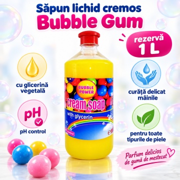 Săpun Lichid Cremos Cloret Bubble Gum, Rezervă pentru Mâini, cu Glicerină, pH Control, Curățare Delicată și Parfum Dulce, pentru Reumplere Recipiente, 1 L