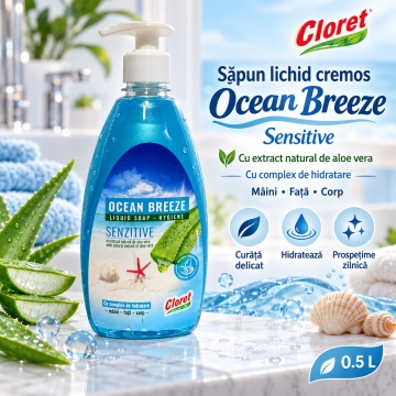 Săpun Lichid Cremos Cloret Ocean Breeze Sensitive cu Pompiță, pentru Mâini, cu Complex de Hidratare, Curățare Delicată și Parfum Fresh, 500 ml