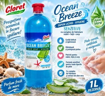 Săpun Lichid Cremos Cloret Ocean Breeze Sensitive, Rezervă pentru Mâini, cu Complex de Hidratare, Curățare Delicată, pentru Reumplere Recipiente, 1 L - Img 4