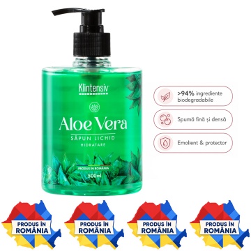Săpun lichid Klintensiv, parfum Aloe Vera, spumă fină, efect emolient și protectiv, peste 94% ingrediente biodegradabile, pentru mâini și tegumente, 500 ml, 4x Stickere