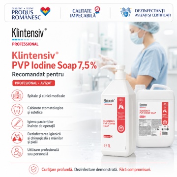 Săpun profesional chirurgical cu iod povidonă Klintensiv PVP Iodine Soap 7,5%, pentru mâini, corp, decolonizare tegumente și pregătire preoperatorie, aviz biocid, 1 L, 4x Stickere - Img 4
