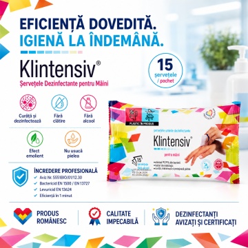 Șervețele dezinfectante mâini Klintensiv, pachet 15 buc, gata de utilizare, bactericide și levuricide, fără clătire, cu agent emolient, aviz biocid, 4x Stickere - Img 6