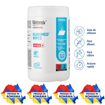 Servețele impregnate pentru dezinfectare profesională Klinomed Wipes, 85% etanol, pentru suprafețe, instrumentar și echipamente medicale, bactericide, levuricide, fungicide, virucide, micobactericide și tuberculocide, aviz biocid, 120 servetele, 4x Sticke