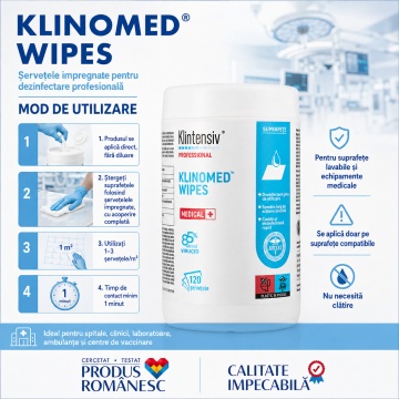 Servețele impregnate pentru dezinfectare profesională Klinomed Wipes, 85% etanol, pentru suprafețe, instrumentar și echipamente medicale, bactericide, levuricide, fungicide, virucide, micobactericide și tuberculocide, aviz biocid, 120 servetele, 4x Sticke - Img 6