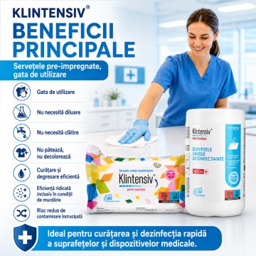 Șervețele umede dezinfectante suprafețe Klintensiv professional, pre-impregnate, pentru suprafețe, instrumentar și dispozitive medicale, bactericide, fungicide, virucide, fără clătire, aviz biocid, 80 servetele, 4x Stickere - Img 6