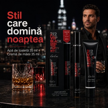 Set 212 VIP Black Own The Party NYC 2x35 ml, Apă de Toaletă Bărbat 35 ml + Cremă de Mâini 35 ml, Aromă Masculină Aromatică, Vanilată și Fin Condimentată, Note de Absint, Anason, Fenicul, Lavandă, Coajă de Vanilie Neagră și Mosc - Img 2