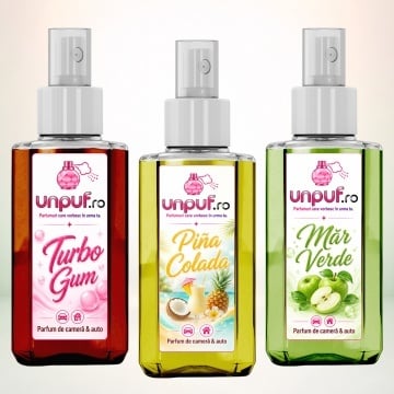 Set 3 Odorizante auto si casa Unpuf – Arome Mar Verde Pina Colada Turbo Gum, 3 x 75 ml