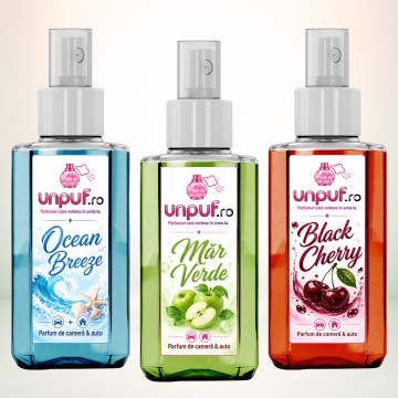 Set 3 Odorizante auto si casa Unpuf, Arome Black Cherry Mar Verde Ocean Breeze, cu pulverizator, improspatare aer si parfum de durata, 3x75 ml