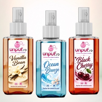 Set 3 Odorizante auto si casa Unpuf, Arome Black Cherry Ocean Breeze Vanilla Bean, cu pulverizator, improspatare aer si parfum de durata, 3x75 ml
