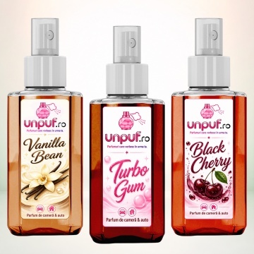 Set 3 Odorizante auto si casa Unpuf, Arome Black Cherry Turbo Gum Vanilla Bean, cu pulverizator, improspatare aer si parfum de durata, 3x75 ml