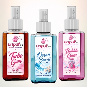 Set 3 Odorizante auto si casa Unpuf, Arome Bubble Gum Ocean Breeze Turbo Gum, cu pulverizator, improspatare aer si parfum de durata, 3x75 ml