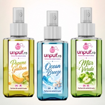 Set 3 Odorizante auto si casa Unpuf, Arome Mar Verde Ocean Breeze Pepene Galben, cu pulverizator, improspatare aer si parfum de durata, 3x75 ml