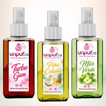 Set 3 Odorizante auto si casa Unpuf, Arome Mar Verde Pina Colada Turbo Gum, cu pulverizator, improspatare aer si parfum de durata, 3x75 ml