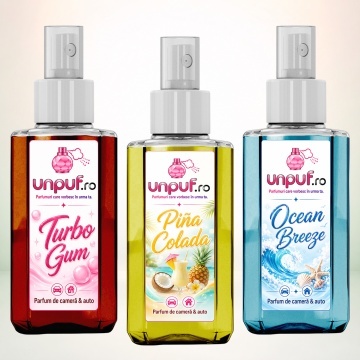 Set 3 Odorizante auto si casa Unpuf, Arome Ocean Breeze Pina Colada Turbo Gum, cu pulverizator, improspatare aer si parfum de durata, 3x75 ml