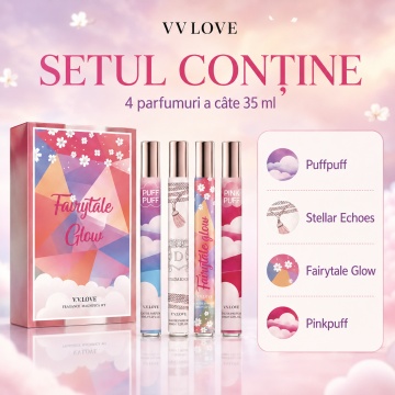 Set 4 Parfumuri Fairytale Glow Collection V.V. Love 35 ml, Puff Puff, Stellar Echoes, Fairytale Glow, Pink Puff, set cadou, pentru Femei - Img 6